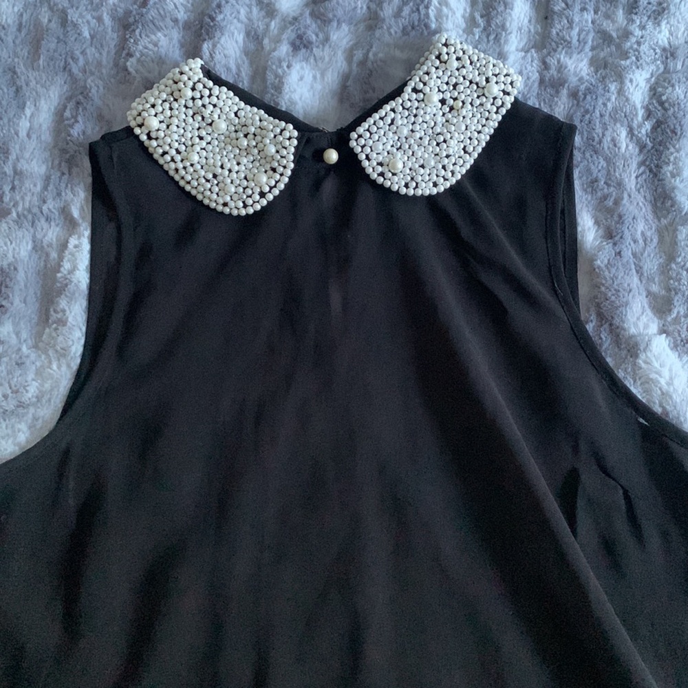 Dizzlizzy Black and White Pearly Peter Pan Collar Sheer Tank Top | Size S
